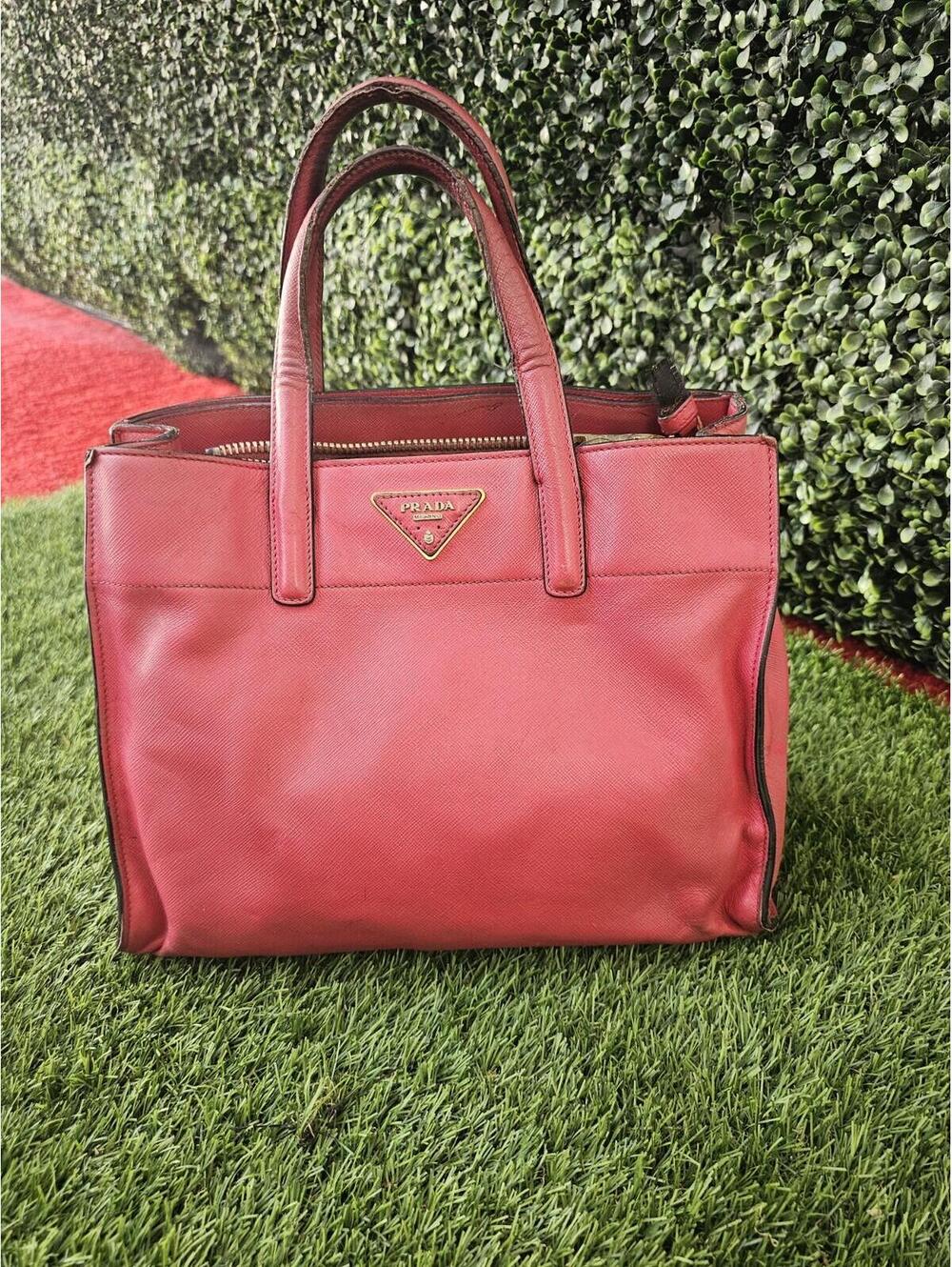 Prada Saffiano Soft Triple Pocket Tote Raspberry With Shoulder Strap. **Read